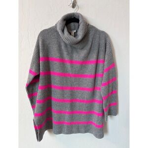 Autumn Cashmere Breton Stripe‎ Funnel Neck Turtleneck Sweater Gray & Pink M